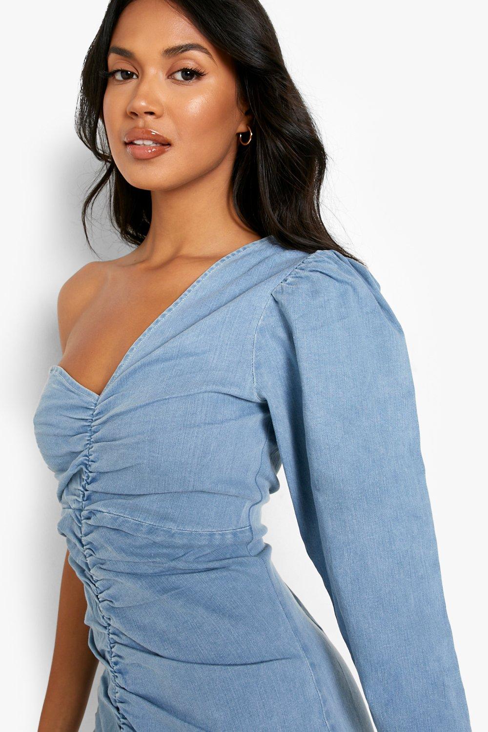 Ruched Front One Shoulder Denim Dress